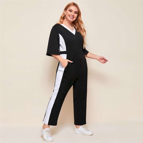 

Plus Chevron Colorblock Straight Leg Jumpsuit, Black