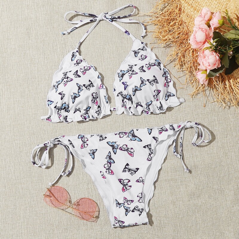 

Butterfly Print Triangle Tie Side Bikini Swimsuit, White
