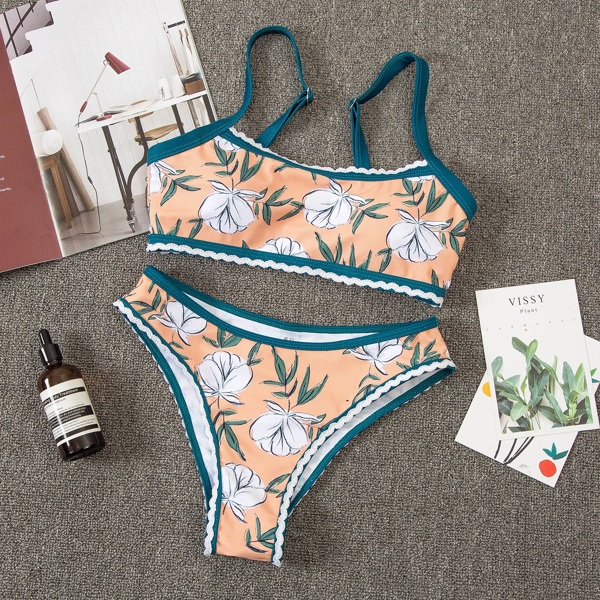 

Floral Contrast Binding Bikini Swimsuit, Multicolor