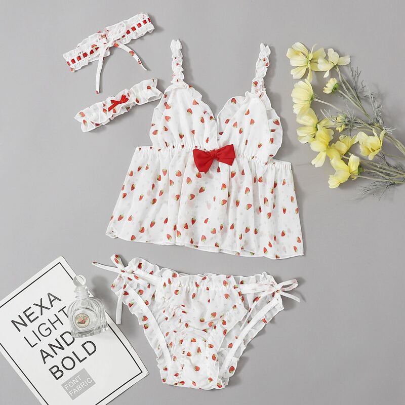 

Strawberry Frill Choker Lingerie Set, White