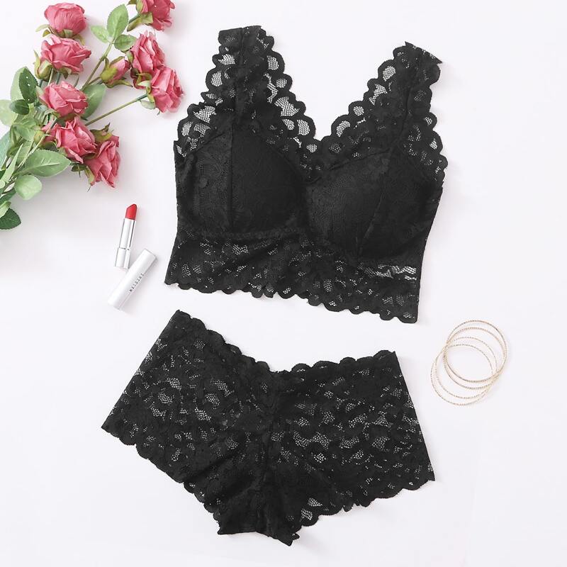 

Scallop Lace Lingerie Set, Black