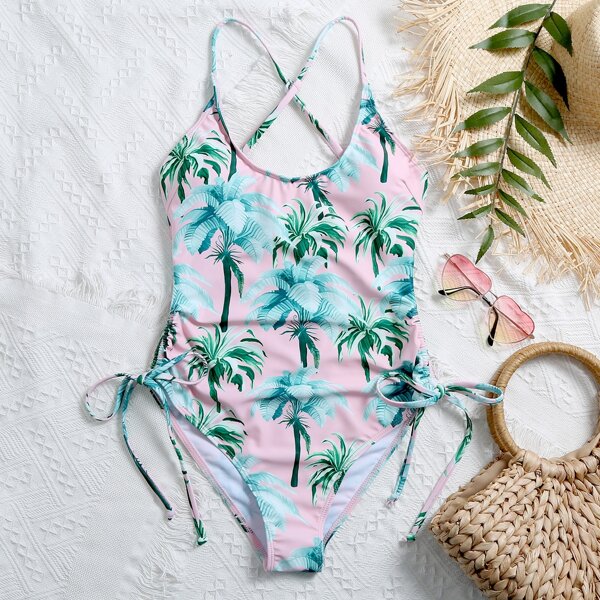 

Tree Print Tie Side One Piece Swimsuit, Multicolor
