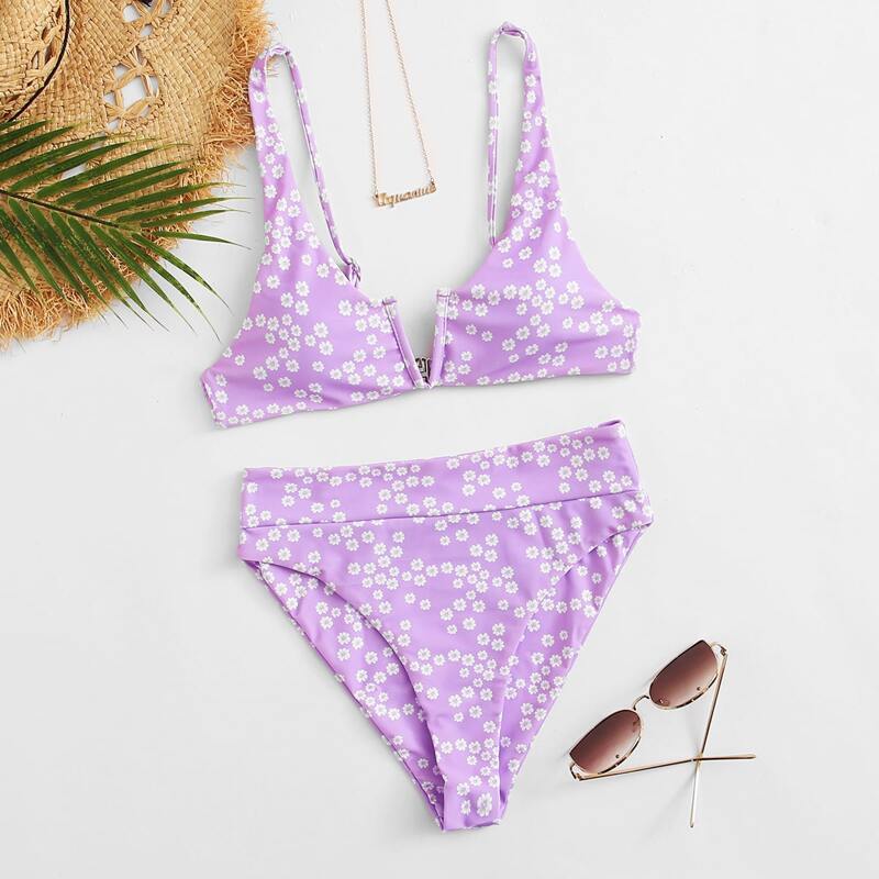 

Ditsy Floral V Wired Bikini Swimsuit, Pastel lilac purple