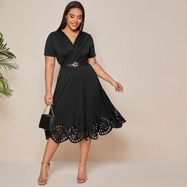 

Plus Scallop Hem Laser Cut Dress Without Belt, Black