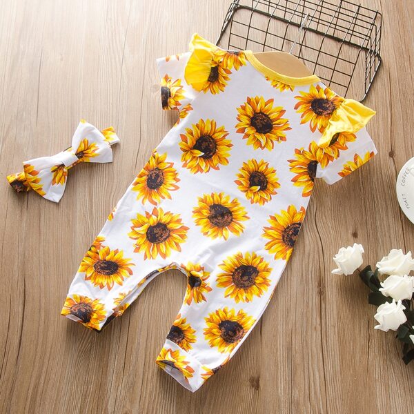 

Toddler Girls Sunflower Print Ruffle Trim Jumpsuit, White