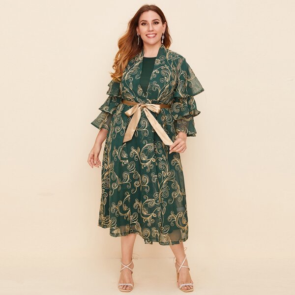 

Plus Solid Tank Dress & Baroque Belted Kimono, Dark green