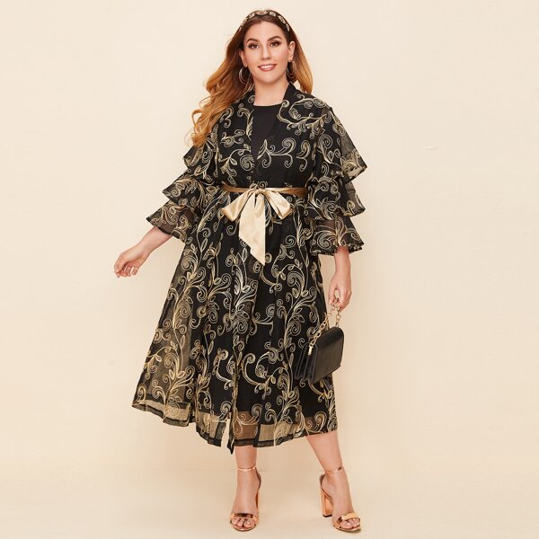 

Plus Solid Tank Dress & Baroque Belted Kimono, Black