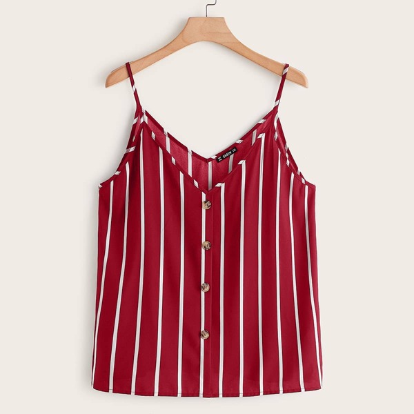 

Plus Button Front Striped Cami Top, Burgundy