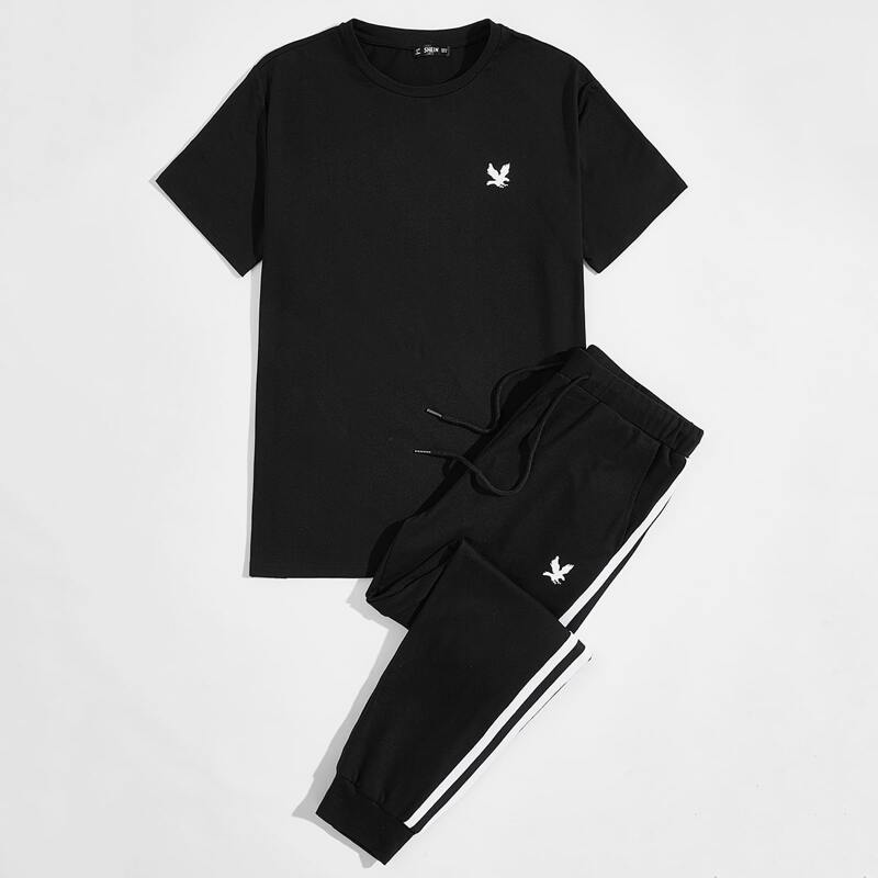 

Guys Eagle Print Tee & Striped Tape Sweatpants Set, Black