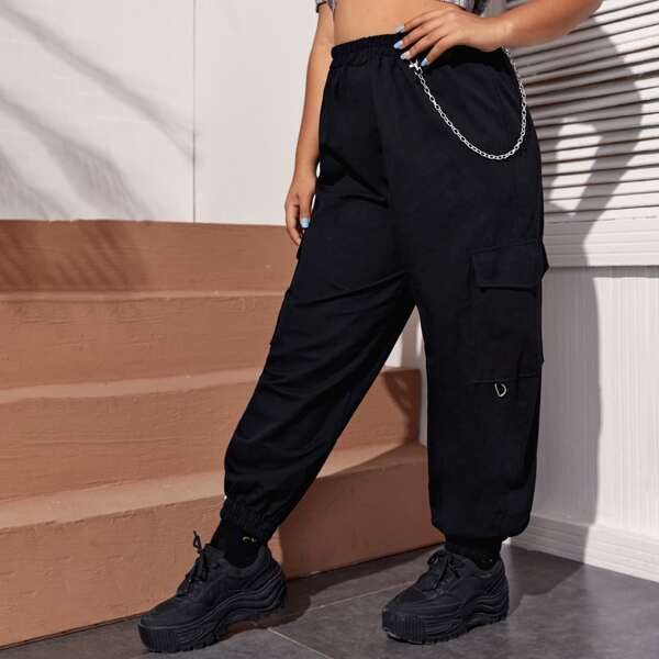 

Plus Patch Pocket Chain Decoration Cargo Pants, Black