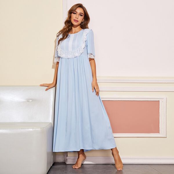 

Floral Lace Ruffled Trim Nightdress, Pastel baby blue