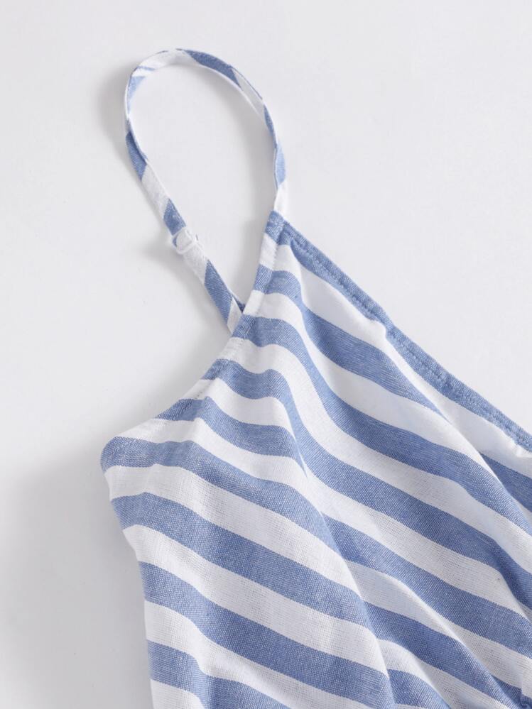 SHEIN Vestido de tirantes de rayas de dos colores con cinturón de cuello cruzado - Azul y blanco - Ver 4