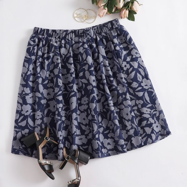 

Plus Floral Print Skirt, Navy blue