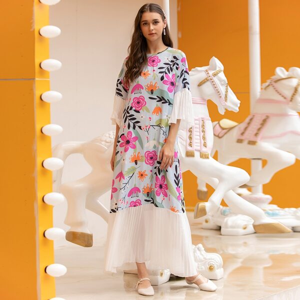 

Floral Print Pleated Hem Dress, Multicolor