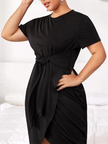 Plus Tie Front Wrap Fitted Dress - Black - View 5