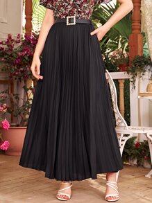 Modelyn Accordion Pleat Belted Maxi Skirt - Black - View 1