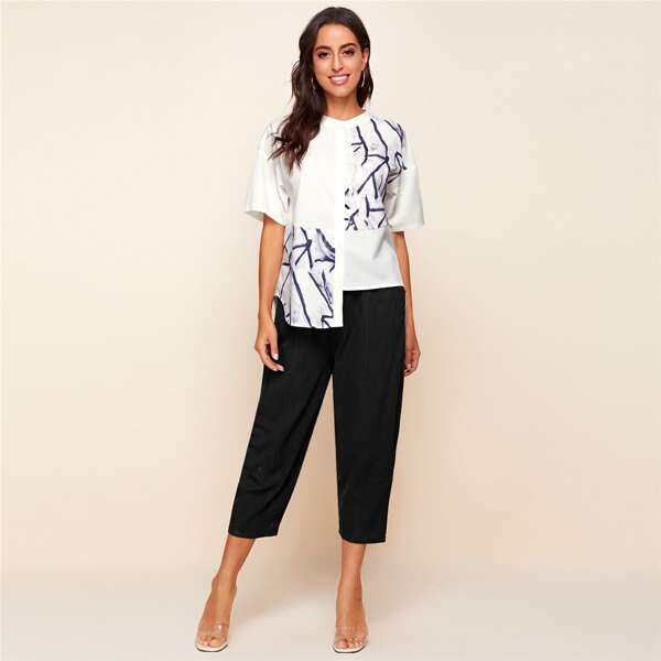 

Asymmetrical Hem Graphic Blouse With Pants, Black and white