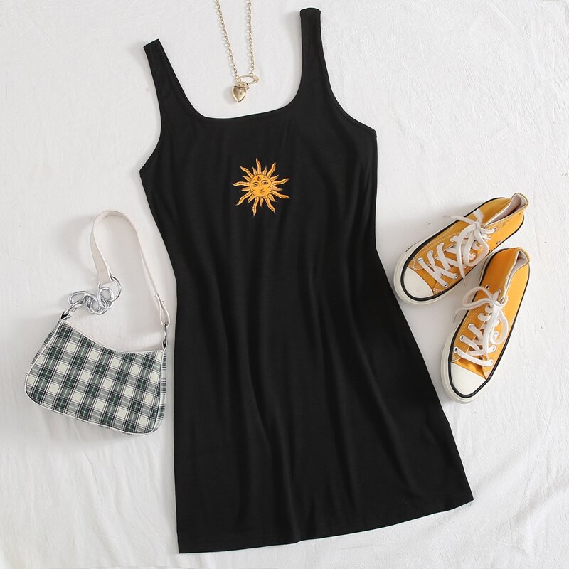 Sun Print Tank Dress, Black
