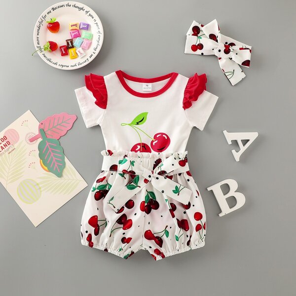 

Baby Girl Cherry Print Tee With Belted Shorts, White