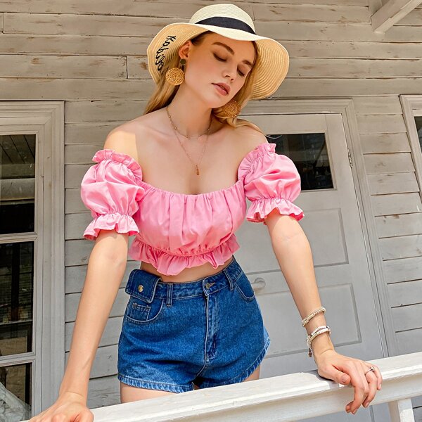 

Puff Sleeve Ruched Bardot Blouse, Pink