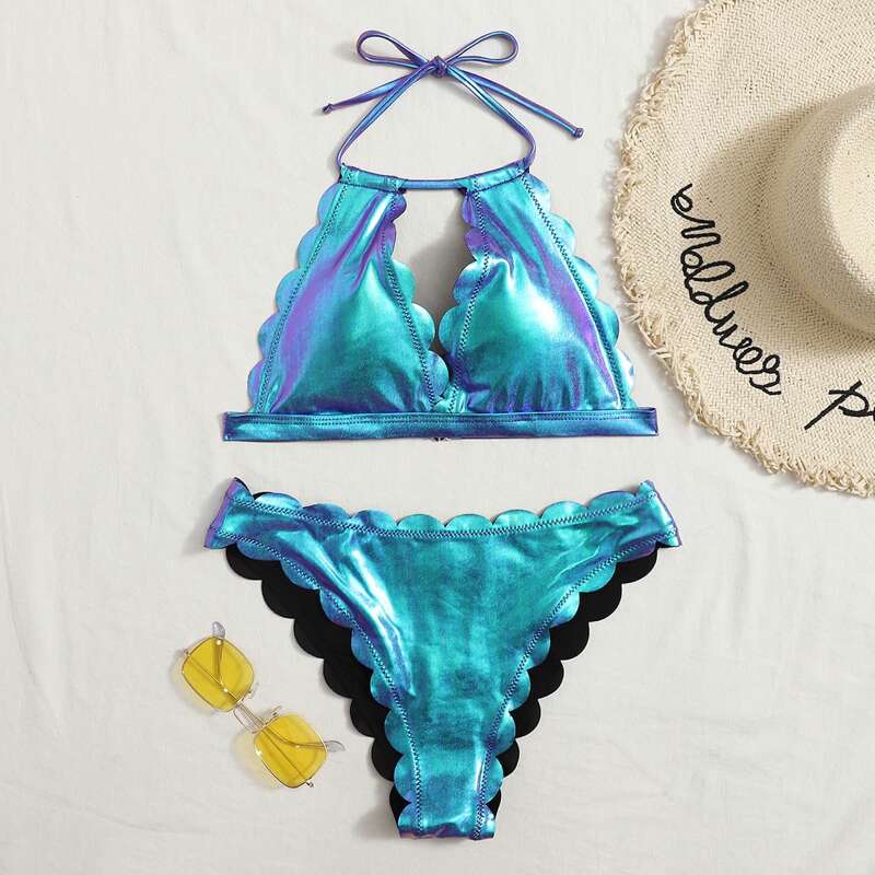 

Scallop Trim Metallic Holographic Halter Bikini Swimsuit, Blue