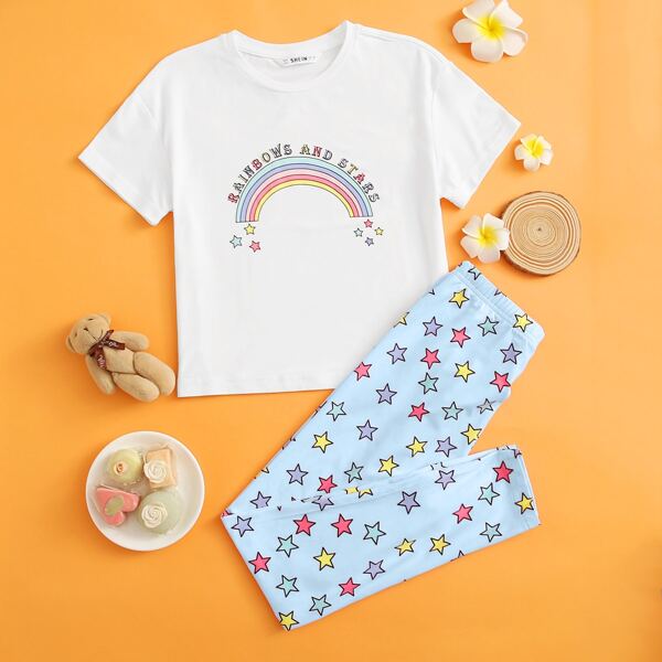 

Girls Letter and Rainbow Print Tee and Star Leggings PJ Set, Multicolor
