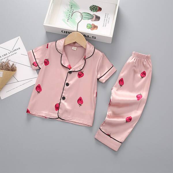 

Toddler Girls Strawberry Print Satin Pants PJ Set, Baby pink