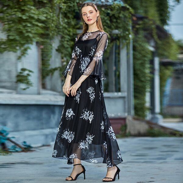 

Платье с узлом, цветочным принтом и сетчатой отделкой, Чёрный