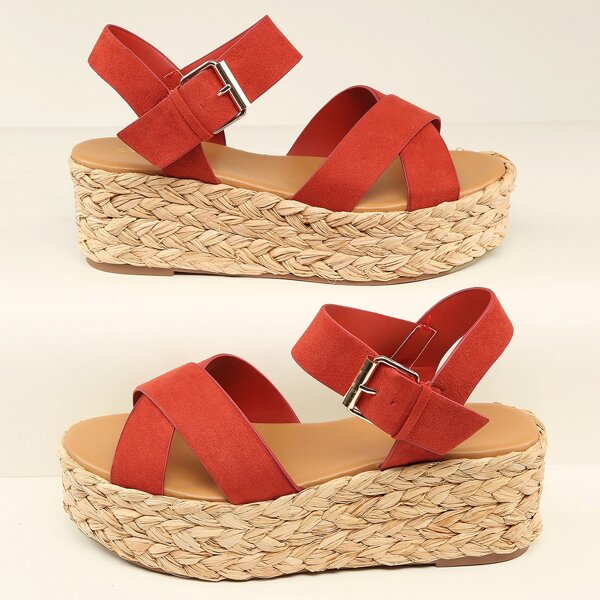 

Open Toe X Band Buckled Ankle Platform Sandals, Red