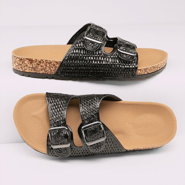 

Slip On Raffia Two Band Footbed Platform Sandals, Black