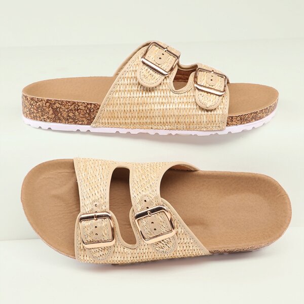 

Woven Raffia Twin Buckle Footbed Flatform Sandals, Beige