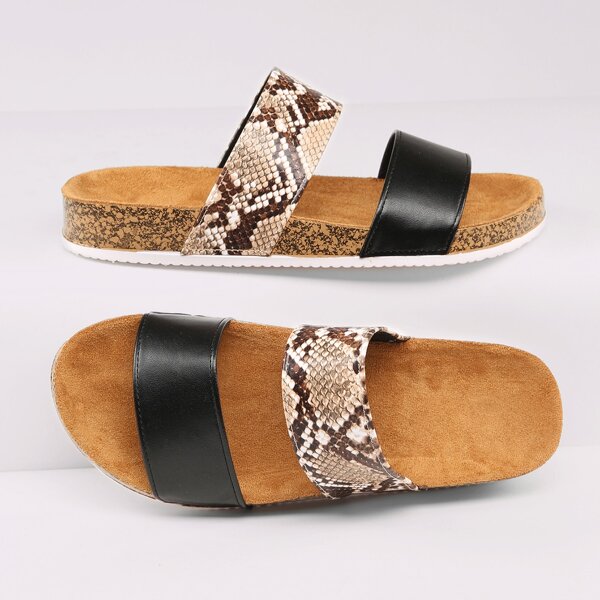

Snakeskin Two Band Cork Footbed Flatform Sandals, Multicolor