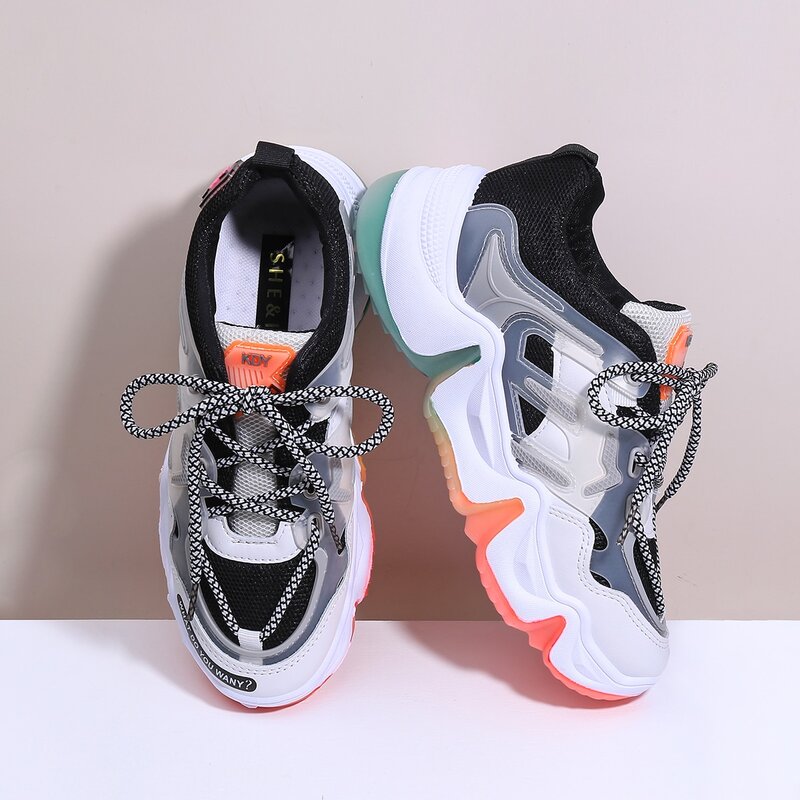 

Lace-up Front Colorblock Chunky Sneakers, Black and white