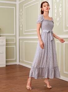 Ditsy Floral Shirred Lettuce Trim Ruffle Hem Chiffon Dress - Lilac Purple - View 1