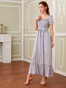 Ditsy Floral Shirred Lettuce Trim Ruffle Hem Chiffon Dress - Lilac Purple - View 3