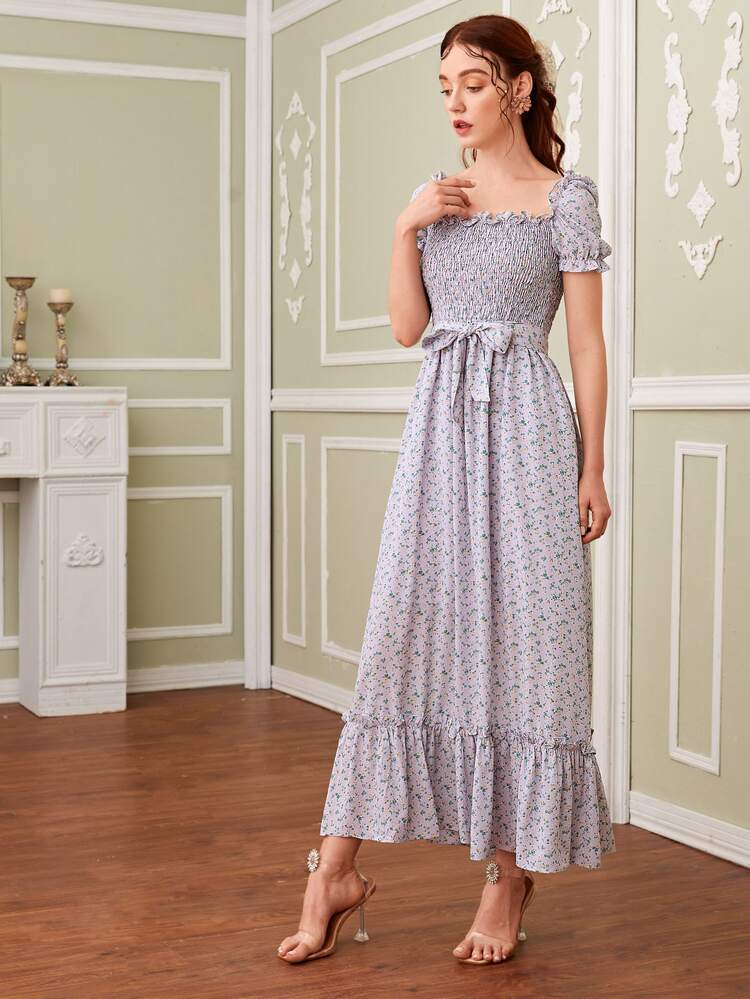 小碎花打褶生菜邊荷葉邊下擺雪紡連衣裙 - 紫丁香色 - 查看 3