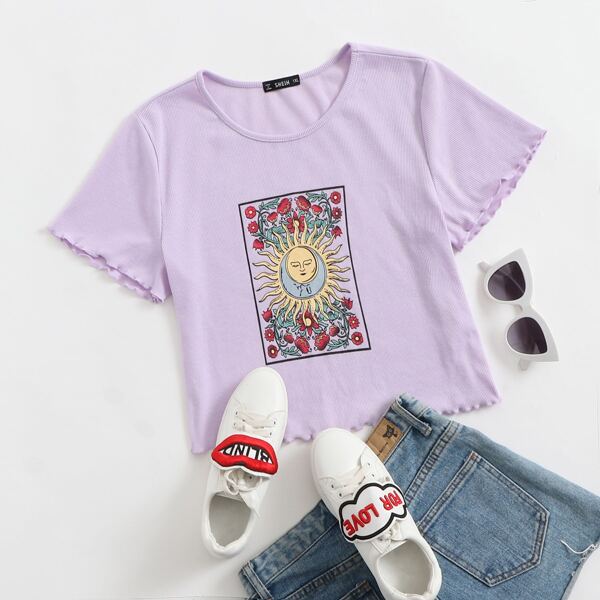 

Plus Floral and Graphic Print Lettuce Edge Tee, Pastel lilac purple