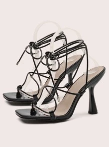 Sandalias con tacón chanclas de dedo de pierna con cordón - Negro - Ver 2