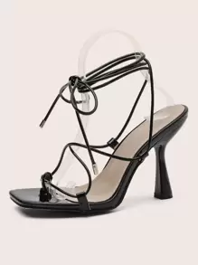 Sandalias con tacón chanclas de dedo de pierna con cordón - Negro - Ver 4