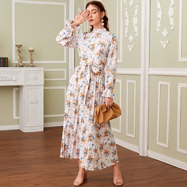 

Mock Neck Allover Floral Belted Pleated Hem Dress, Multicolor