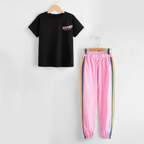 

Girls Letter Graphic Tee With Rainbow Striped Tape Side Sweatpants, Multicolor