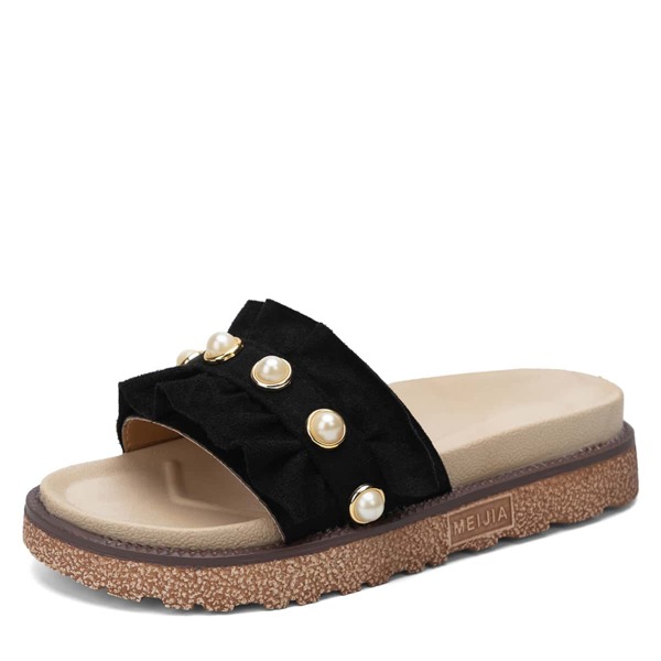 

Faux Pearl Decor Slide Sandals, Black