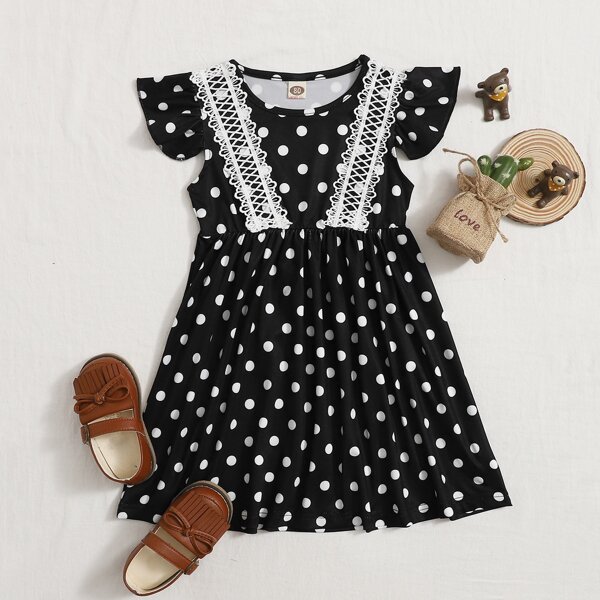 

Baby Girl Contrast Lace Polka Dot Dress, Black