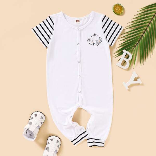 

Baby Boy Contrast Striped Sleeve Elephant Print Jumpsuit, White