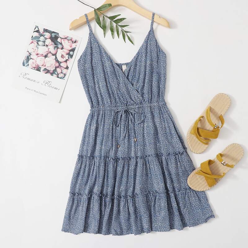 

Speckle Print Tiered Cami Dress, Blue