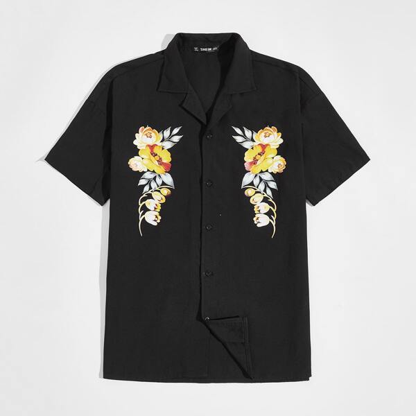 

Men Revere Collar Floral Print Shirt, Black