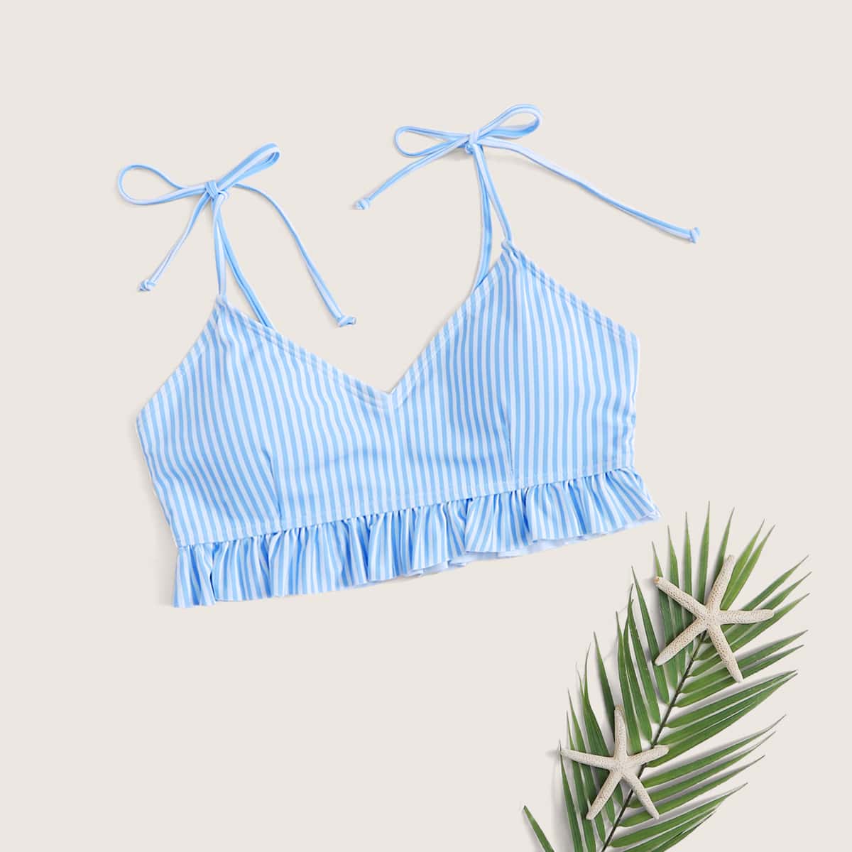 

Striped Ruffle Hem Bikini Top, Pastel blue and white