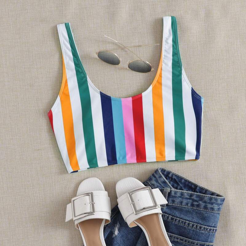 

Rainbow Stripe Bikini Top, Multicolor