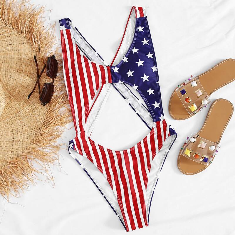 

American Flag Print Cut-out One Piece Swimsuit, Multicolor