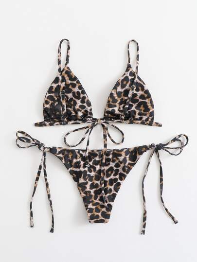 Leopard Print Self-Tie Bikini Swimsuit
